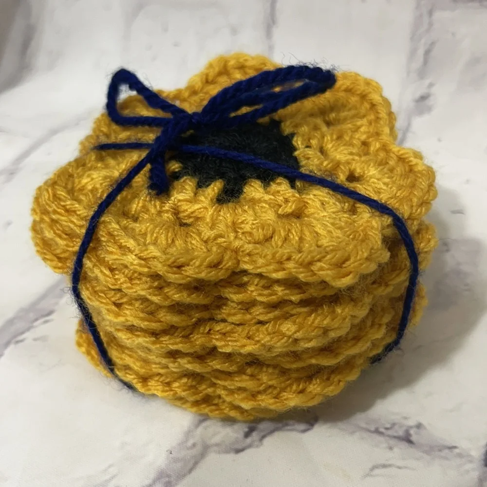 Handmade Crochet Granny Circle Coasters Set of Eight Black and Gold